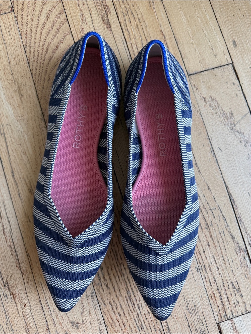 Rothy's Navy and Pink Pointed Knit Flats